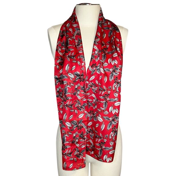 Echo red floral long silk scarf - Picture 2 of 5